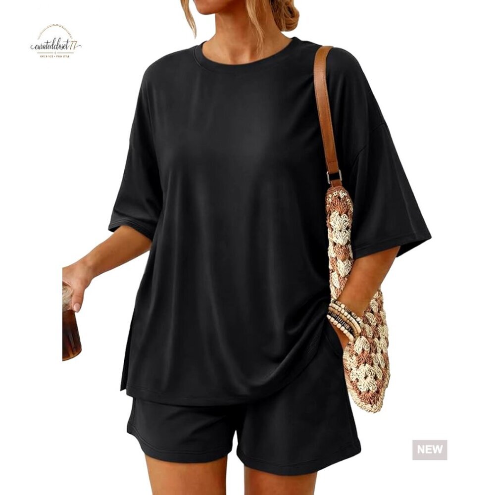 Oversized Short Sleeve Top & Drawstring Shorts Set with Pockets